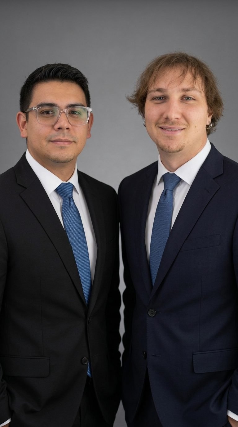 Cognexa co-founders Ronnie James Botes and Keegan Shane Haumann, photographed together in suits against a grey background