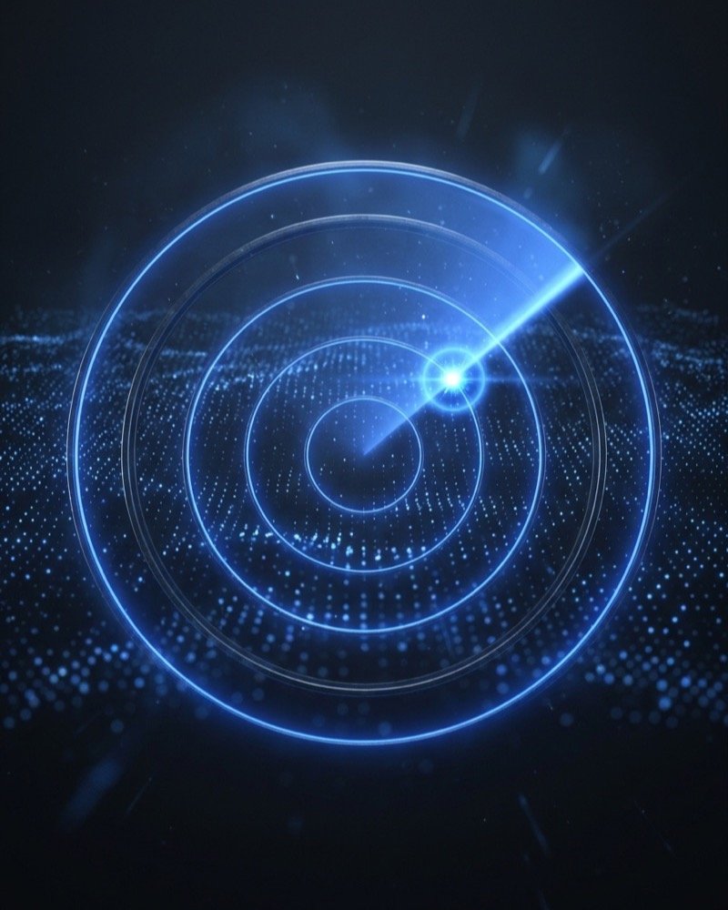 Discover step: blue radar sweep scanning concentric rings above a field of glowing data points