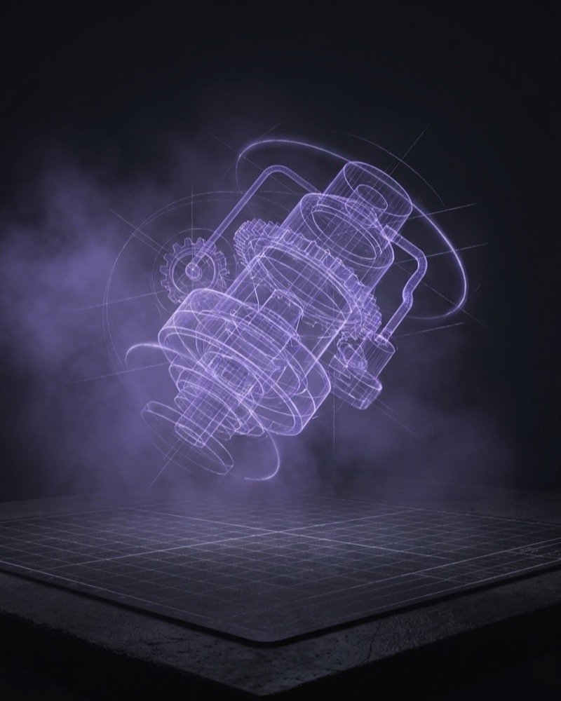 Design step: violet holographic wireframe of a geared machine hovering over a gridded workbench