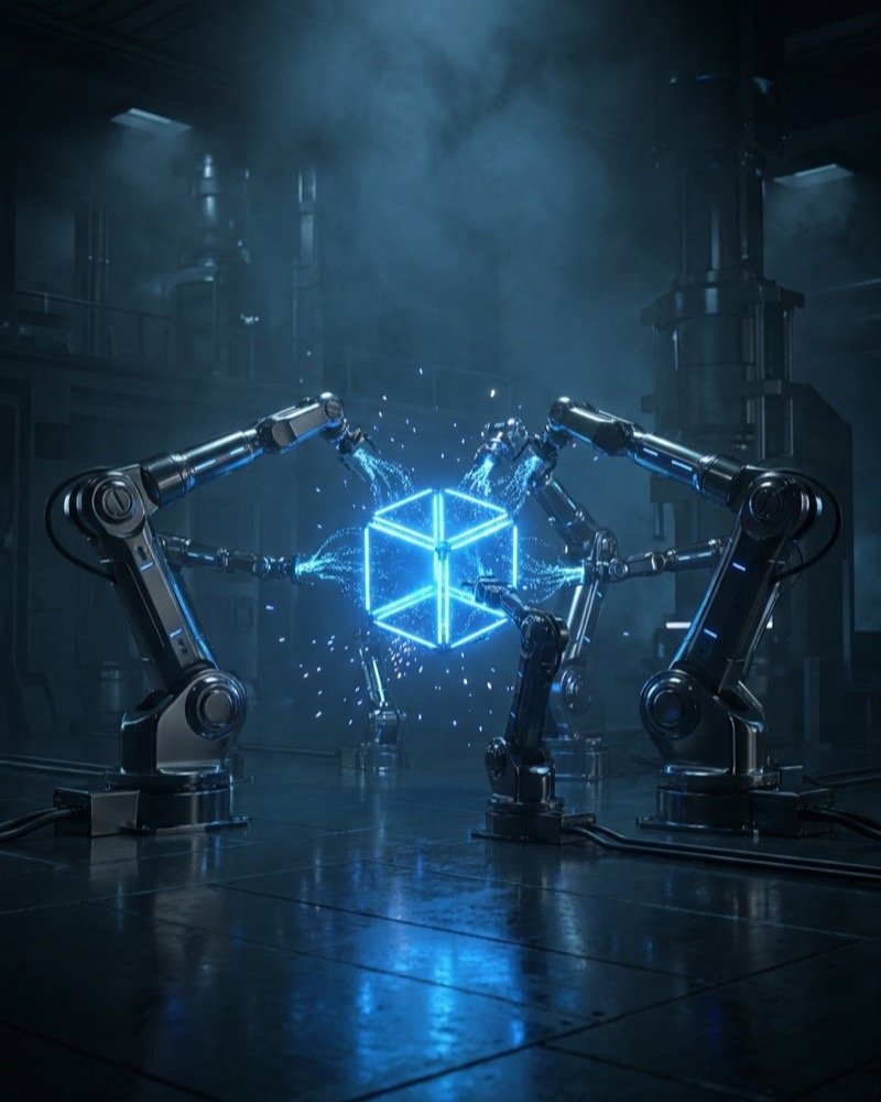 Build step: robotic arms assembling a glowing blue cube on a dark factory floor