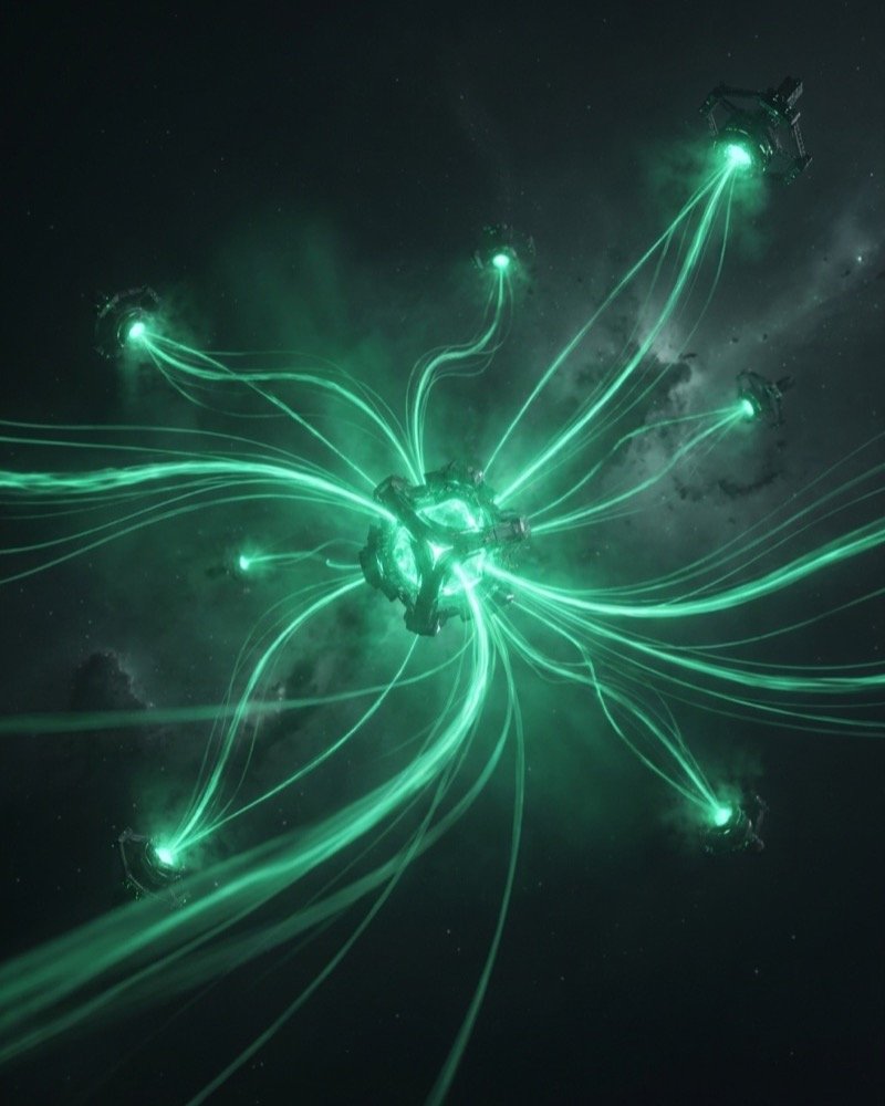 Deploy step: green energy streams radiating from a central hub out to distant nodes
