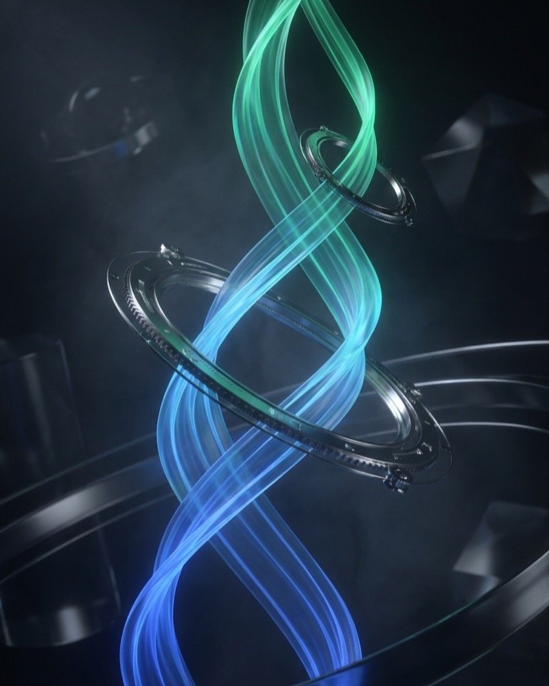 Optimize step: blue and green light ribbons spiralling through geared metal rings